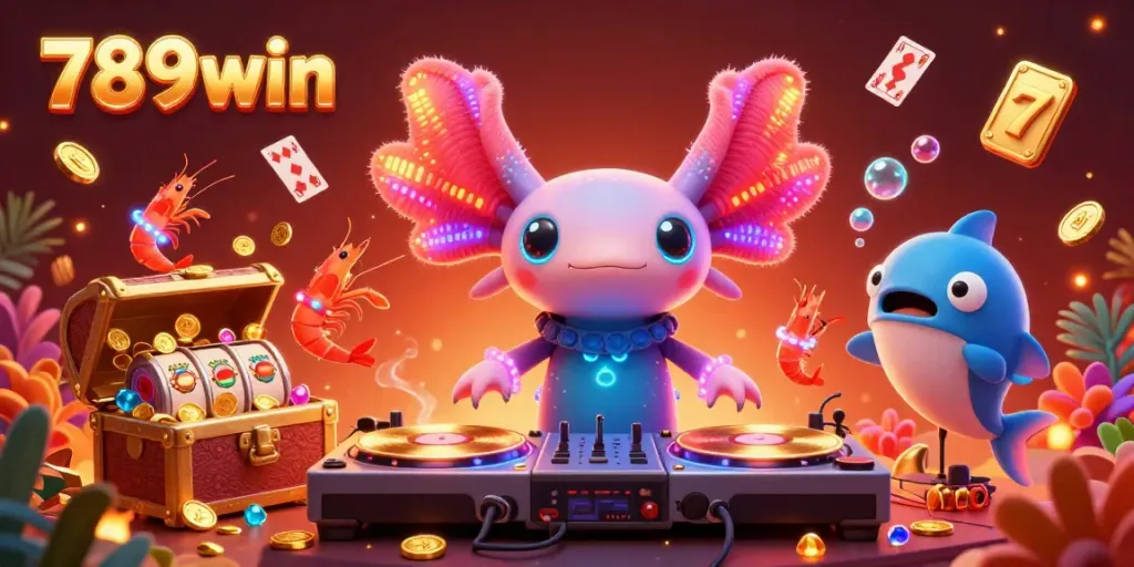 Experience thrilling gameplay with 789win's vibrant casino scene featuring glowing axolotl DJ and lively characters.