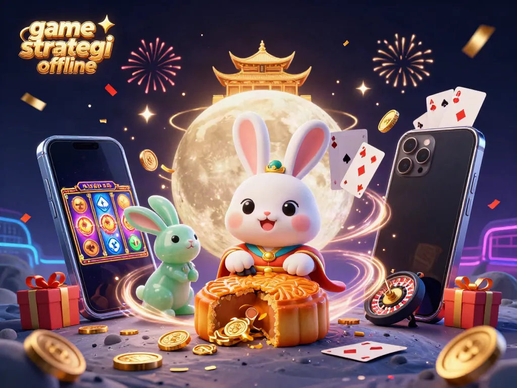 Permainan game strategi offline yang menampilkan kelinci bulan dengan tema Tiongkok dan simbol kasino.