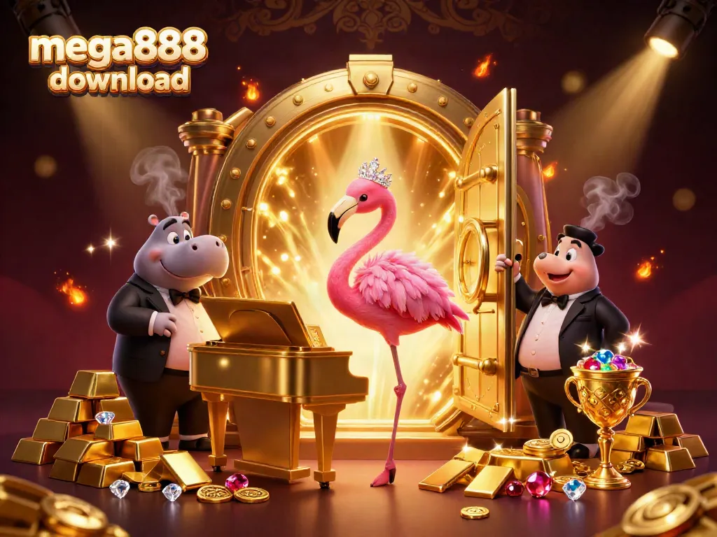 Join the excitement with mega888 download at a lively casino scene featuring vibrant characters and sparkling treasures.