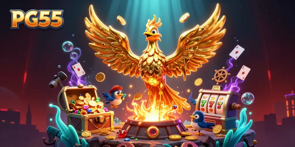 Experience PG55's vibrant casino atmosphere with a molten golden phoenix symbolizing luck surrounded by dynamic game elements.