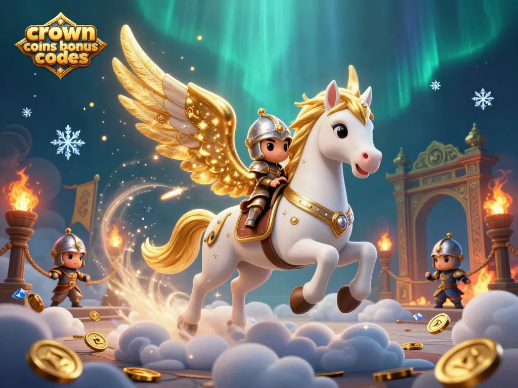 Crown coins bonus codes illuminate a vibrant online casino scene with a celestial horse and knight amidst a dramatic backdrop.