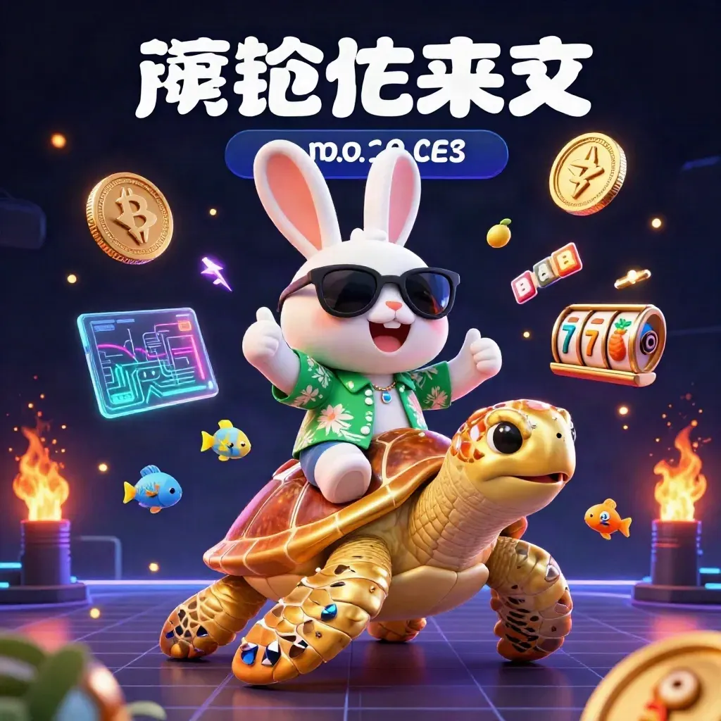 Lucky rabbit rides a gold turtle amid neon coins, fish, lightning, and slot symbols.