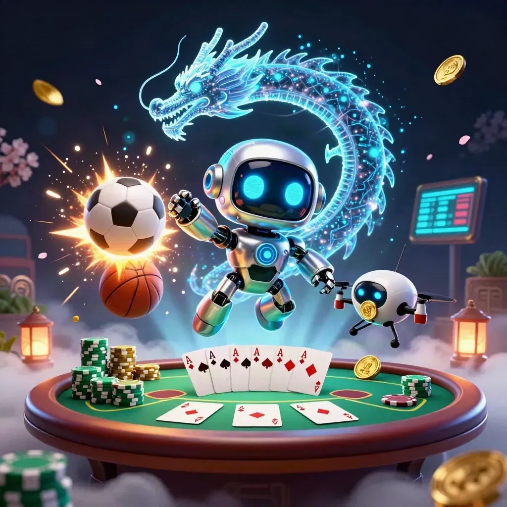 Cyberpunk robot, AI dragon, and drone amid casino chips, cards, and sports balls in neon haze.