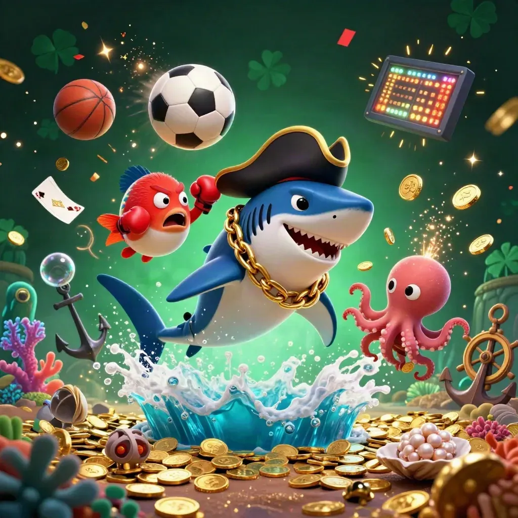 Pirate shark, boxing pufferfish, and coin-juggling octopus in a flashy underwater casino burst.