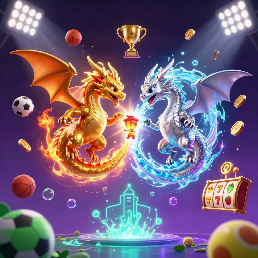 Twin dragons spiral in fire and ice above coins, trophy, sports balls, and casino glow.