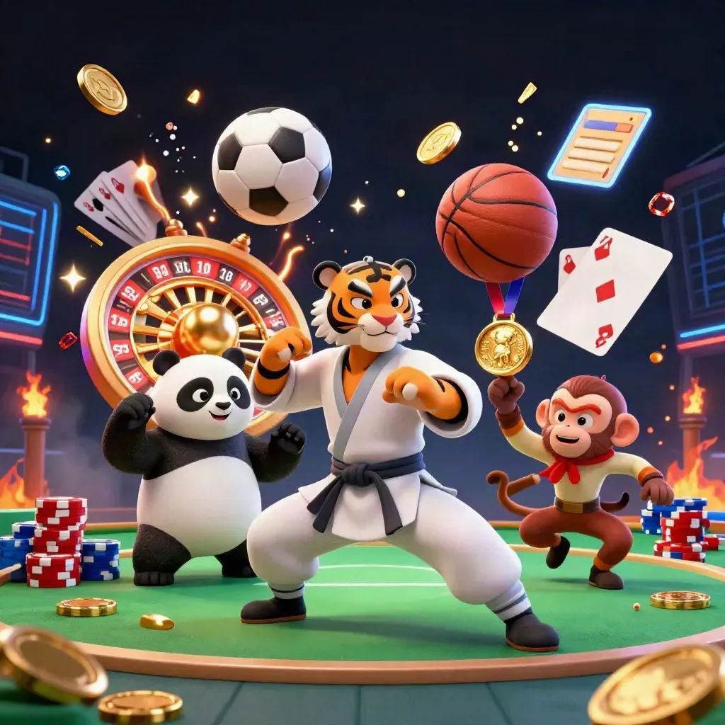 Kung-fu tiger, panda, and monkey amid coins, roulette wheel, cards, chips, and sports balls.
