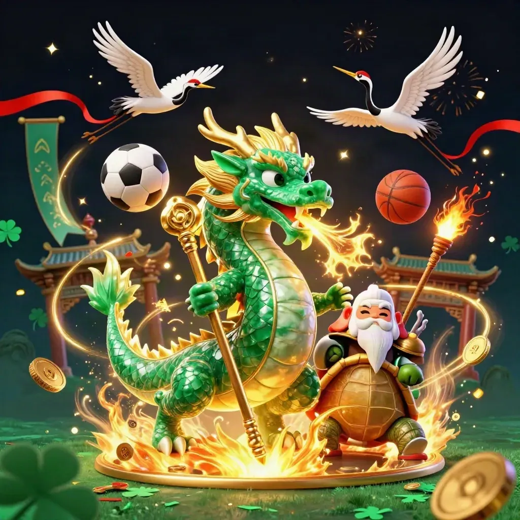 Dragon, turtle sage, and cranes amid flying balls, gold, and fire on a luxe casino background.