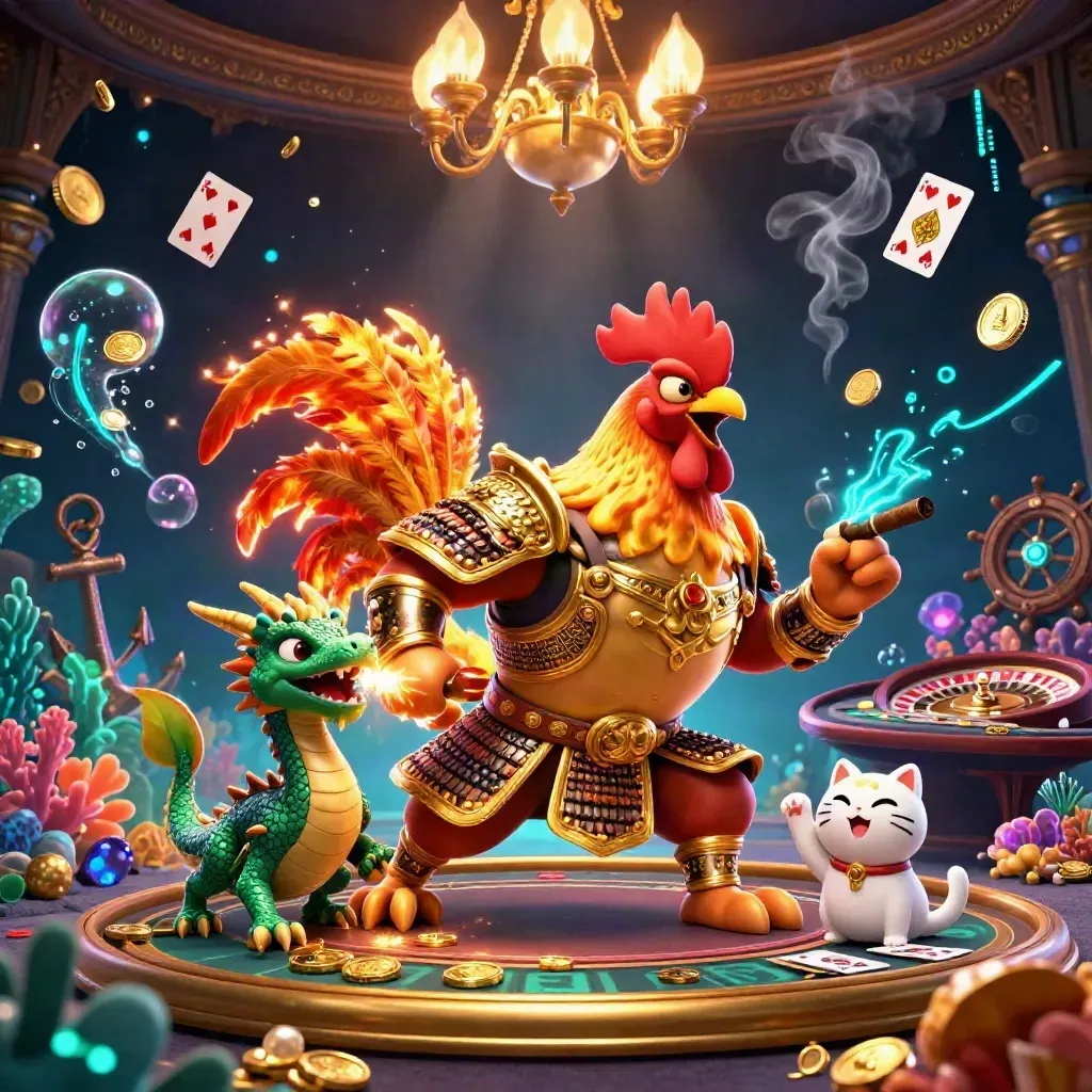 Rooster warrior, dragon hatchling, and cheering fortune-cat amid casino treasure and neon effects.
