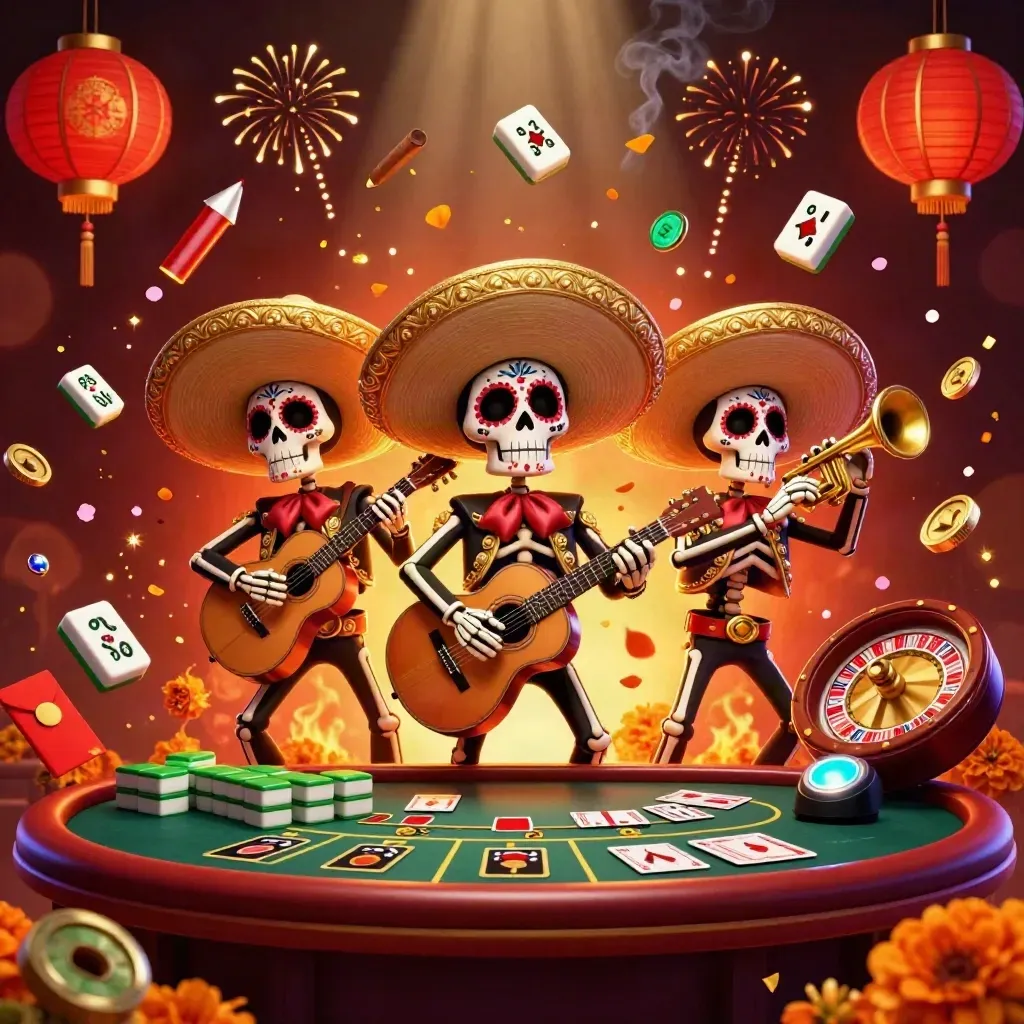 Day-of-the-Dead skeleton mariachi trio in a luxe casino scene with lanterns, coins, and glowing brass.