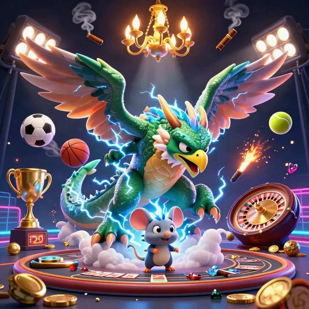 Thunder dragon, wind hawk and static mouse in a luxe casino scene with cards, coins and neon lights.
