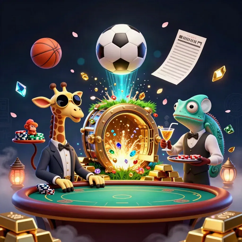 Cartoon giraffe, monkey, and chameleon amid gold vault light, soccer ball, and casino glow.
