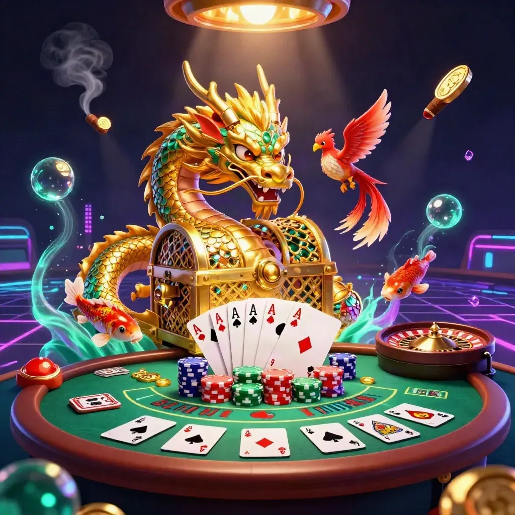 Golden dragon with phoenix and koi amid casino props, neon grid, chandelier glow, treasure chest.