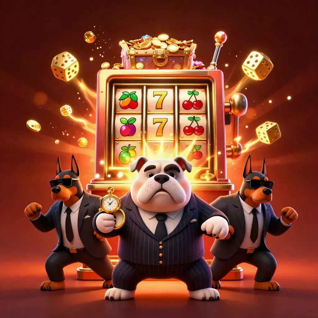 Bulldog boss and two Doberman guards burst from a jackpot slot machine amid gold coins and emerald glow
