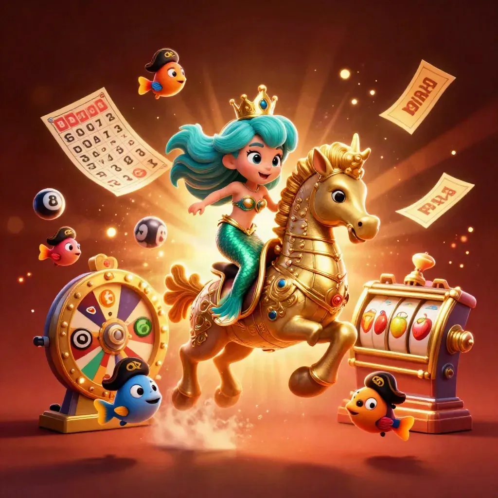 Mermaid princess on armored seahorse amid casino loot, lottery balls, and glowing treasure.