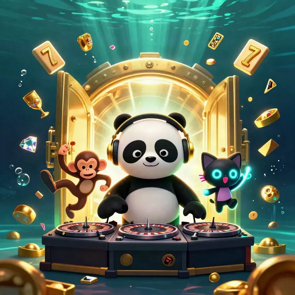 DJ panda, monkey, and glow-stick kitten burst from an underwater treasure vault.