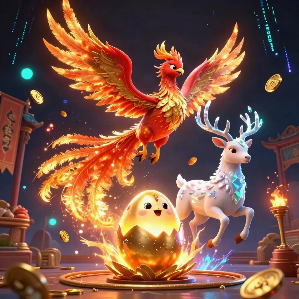 Fire phoenix, baby phoenix, and crystalline stag in a premium neon casino fantasy scene.