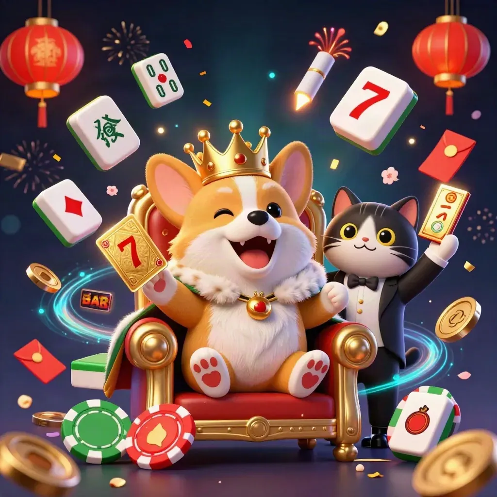 Royal corgi and cat butler amid casino treasures, fireworks, jade coins, and glowing confetti.