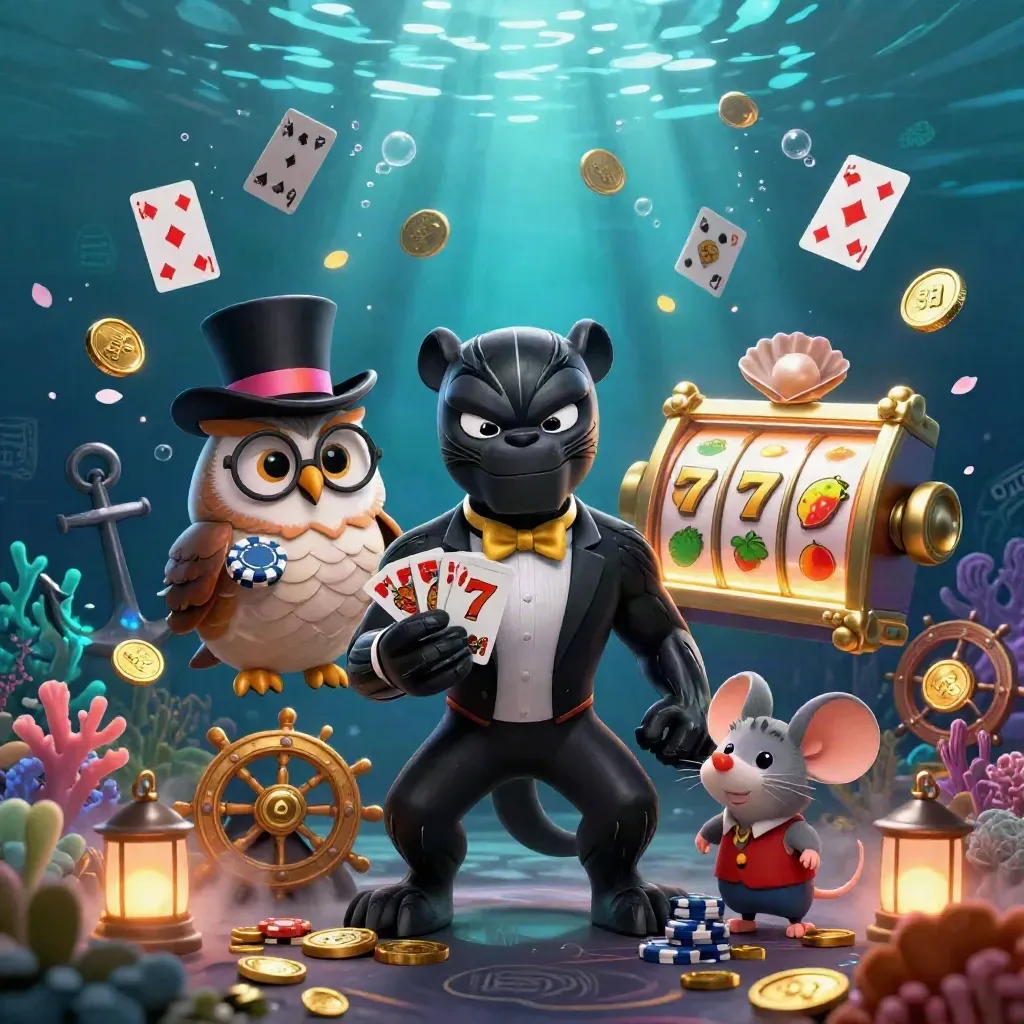 Underwater casino key art with tuxedo panther, owl, and mouse amid coins, coral, cards, and emerald glow.