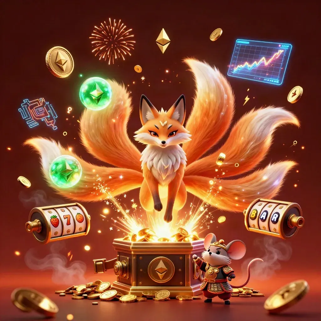 Neon fox spirit and armored mouse amid bursting coins, reels, embers, and jackpot energy.