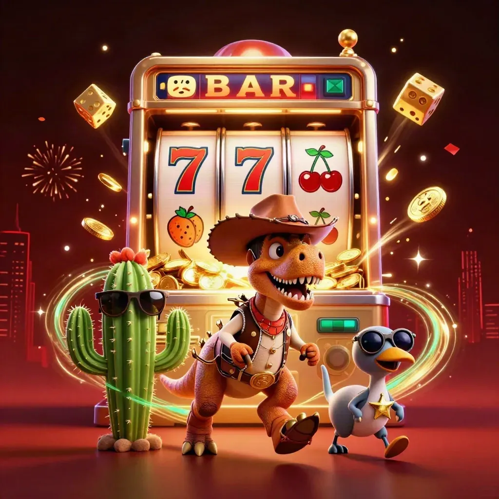 Cowboy T-Rex, cactus, and roadrunner amid bursting coins, reels, fireworks, and a gold chest.
