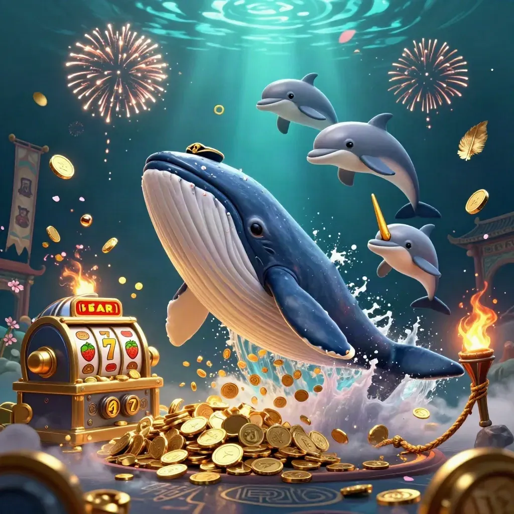 Whale captain, narwhal, and dolphins erupt through coins, reels, and temple ruins in luxe casino art