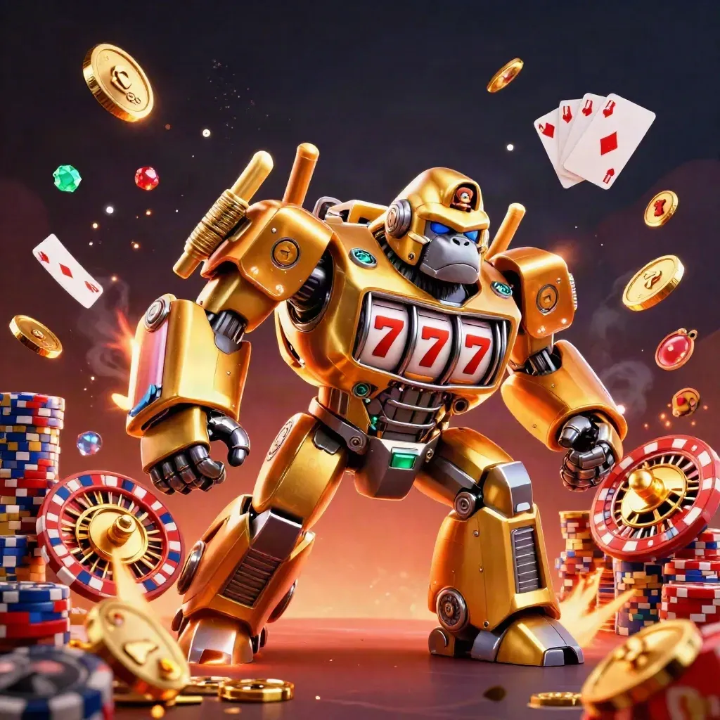Golden gorilla mech and tiny monkey pilot amid exploding coins, gems, reels, roulette, and fireworks.