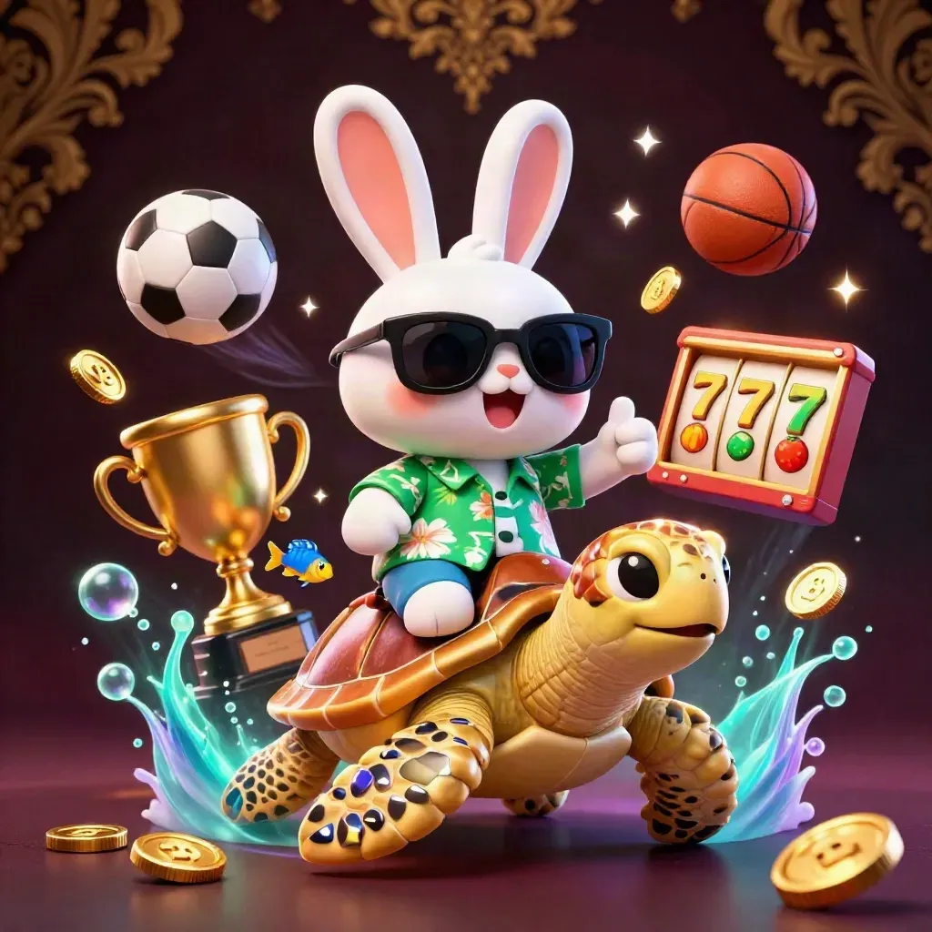 Lucky rabbit on a gold turtle with casino icons, tropical glow, and premium fantasy energy
