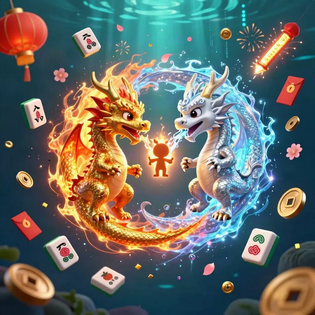 Gold and silver dragons spiral with casino symbols in a glowing dark blue scene.