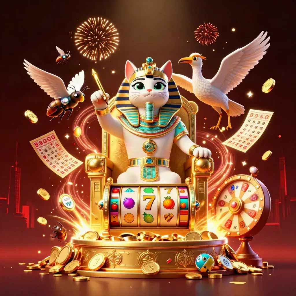 Pharaoh cat, ibis scribe, and scarab beetles amid gold coins, fireworks, and casino symbols.