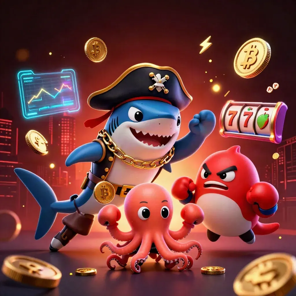 Pirate shark, boxing pufferfish, and coin-juggling octopus amid casino energy and neon effects