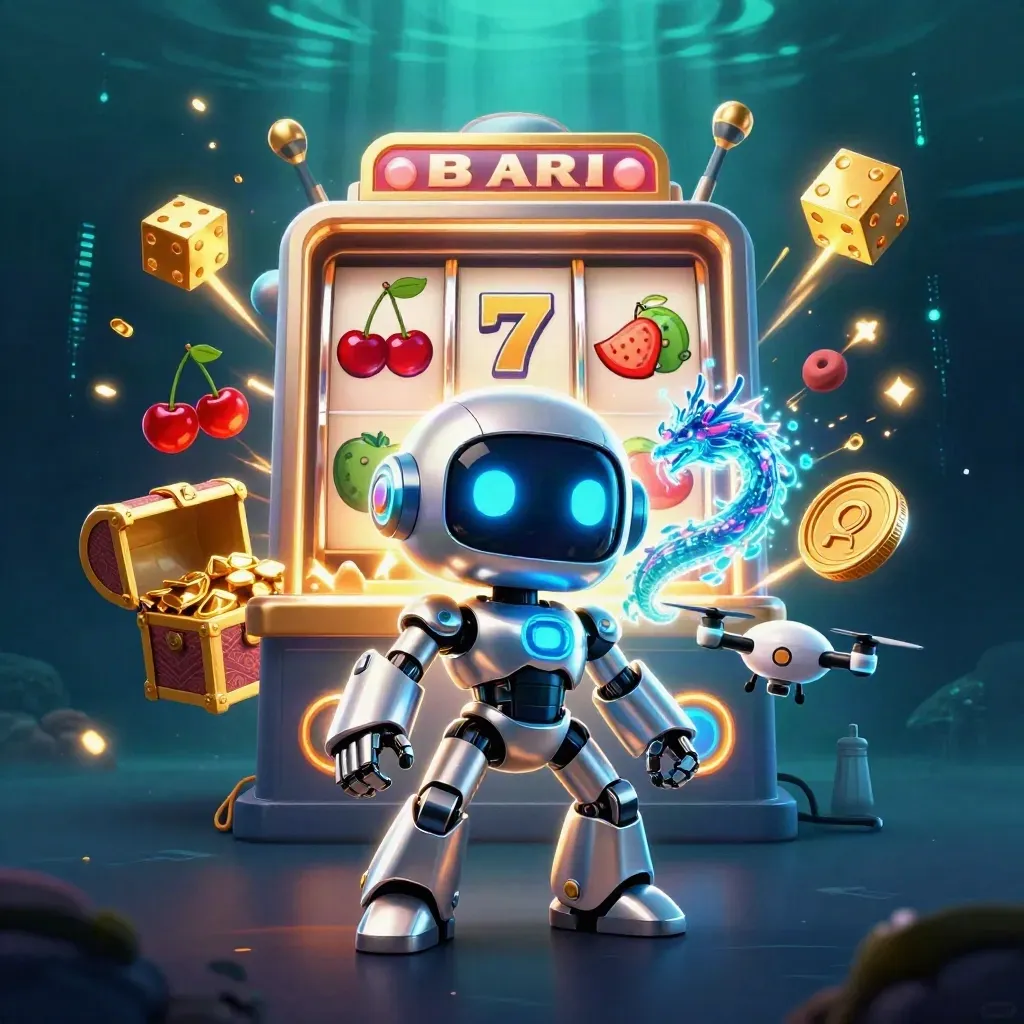 Cyberpunk robot, holographic dragon, and coin drone amid slot bursts and gold in dark teal glow