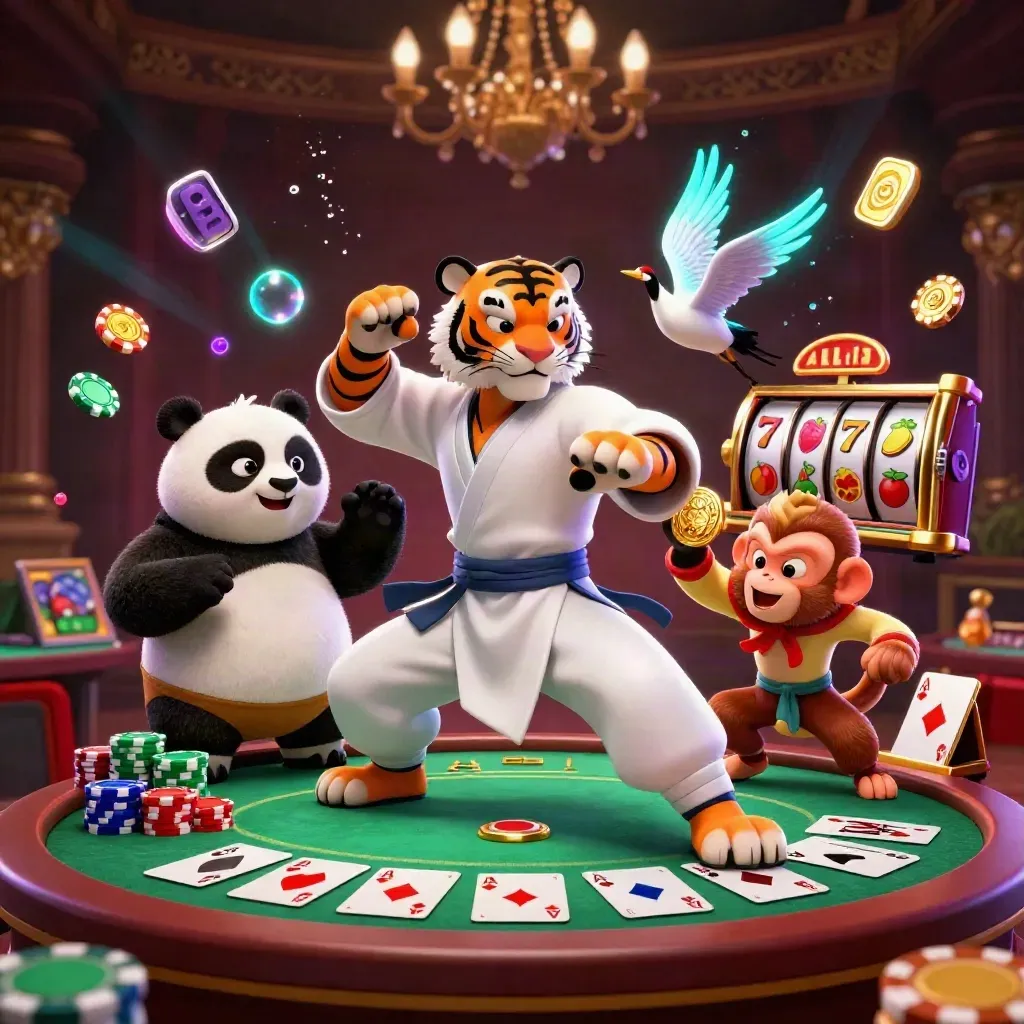 Tiger, panda, and monkey gamble in neon casino action with chips, cards, and glowing reels.