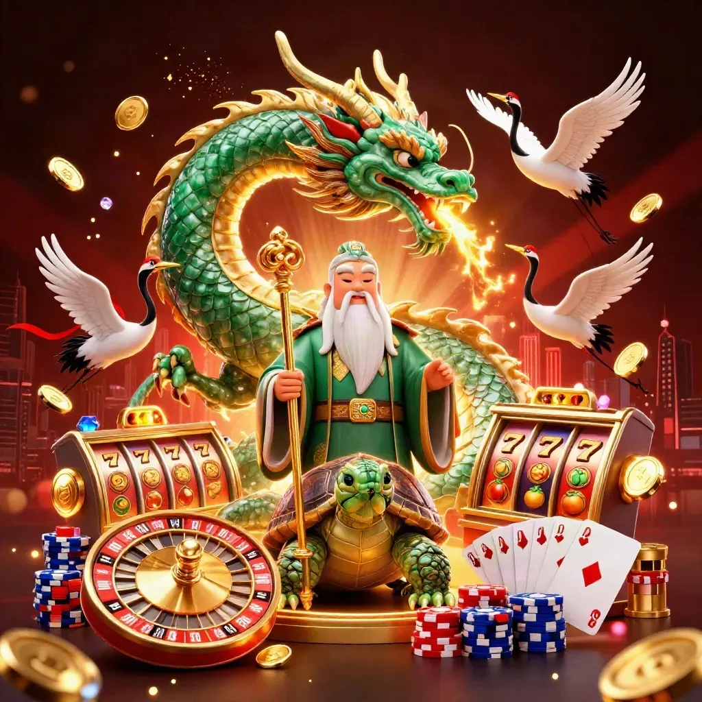 Emerald dragon with turtle sage and cranes amid casino icons and gold effects.