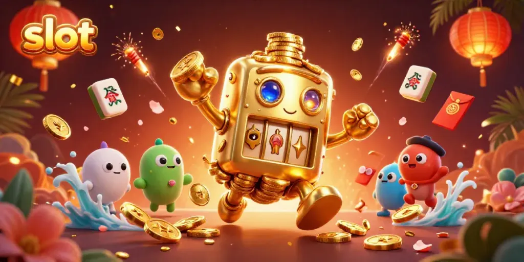 Golem emas berputar menampilkan simbol slot sambil menerima koin emas dalam pengalaman slot