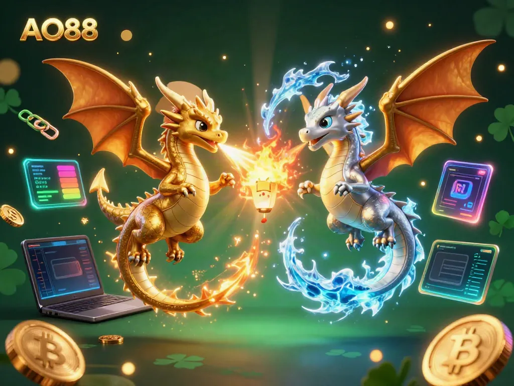 Engage with AO88 through an exciting 3D illustration of dragons amidst a vibrant crypto gaming scene