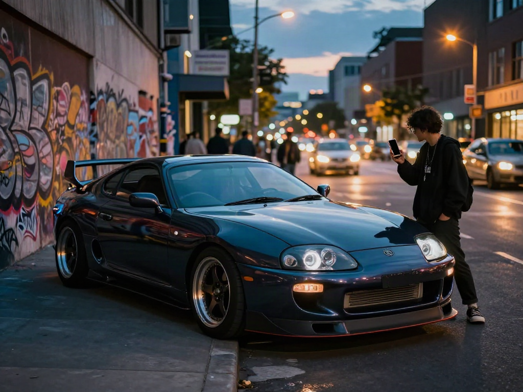 The modified A80 platform Toyota Supra in a vivid urban setting, showcasing its sporty design and aftermarket details.