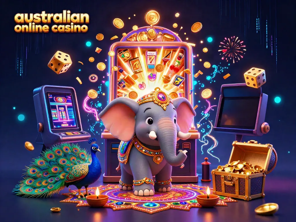 Engaging scene depicting an australian online casino experience with vibrant characters, jackpots, and rich elements.