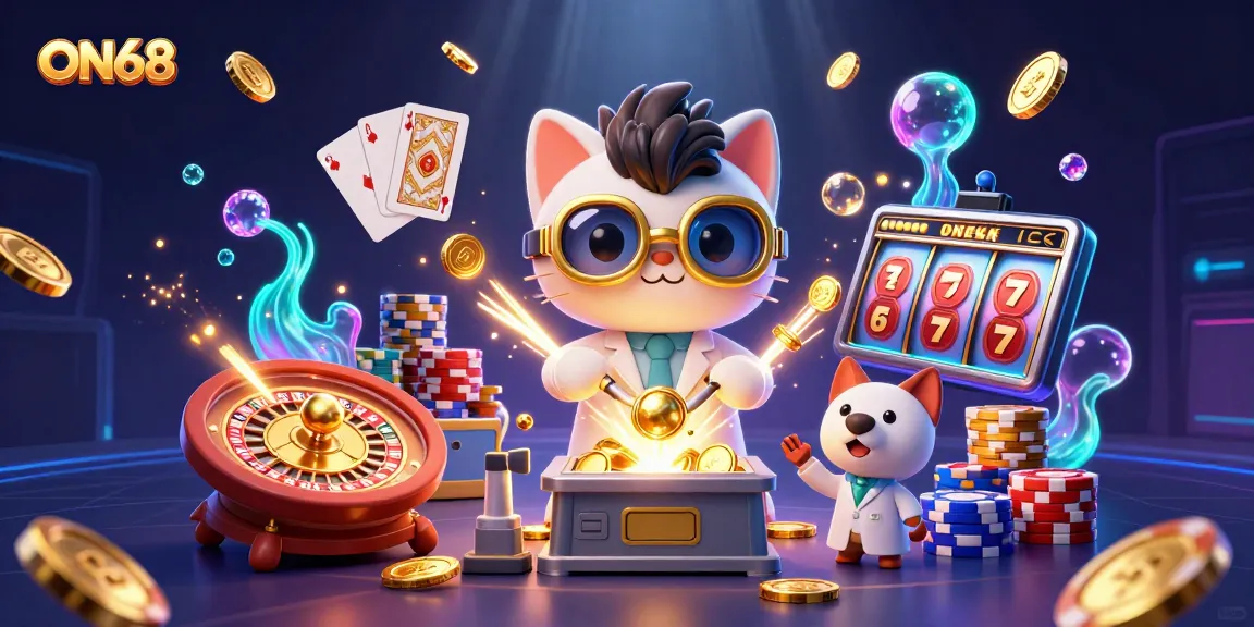 Engage with ON68's thrilling world through vibrant 3D illustration of jackpot excitement and gaming action.