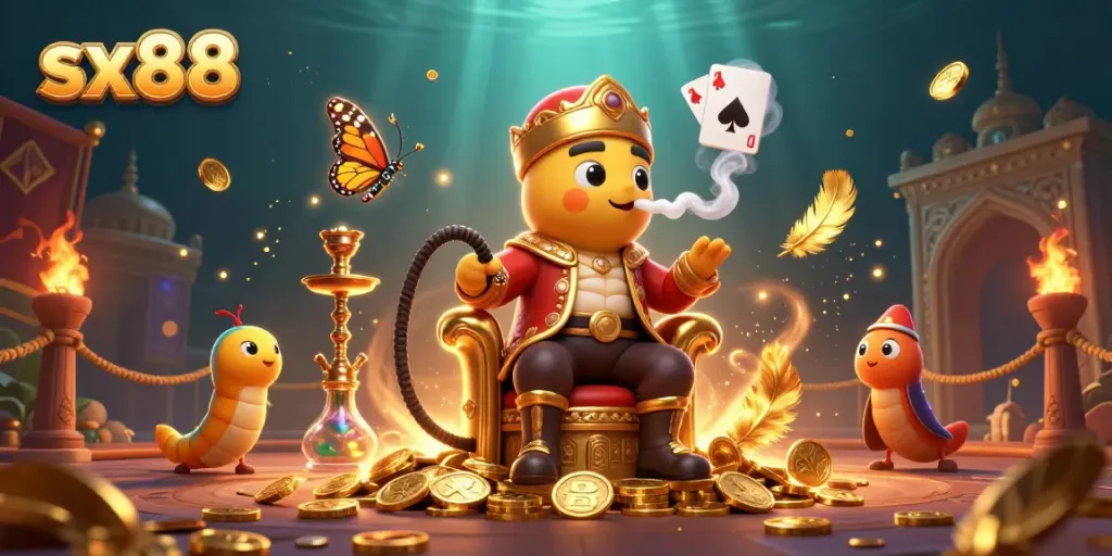 Sx88 showcases a vibrant 3D casino scene highlighting poker symbols and dynamic game elements.