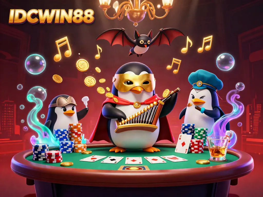 Experience the excitement of IDCWIN88 through a vibrant 3D scene of a penguin playing an organ, surrounded by casino elements.