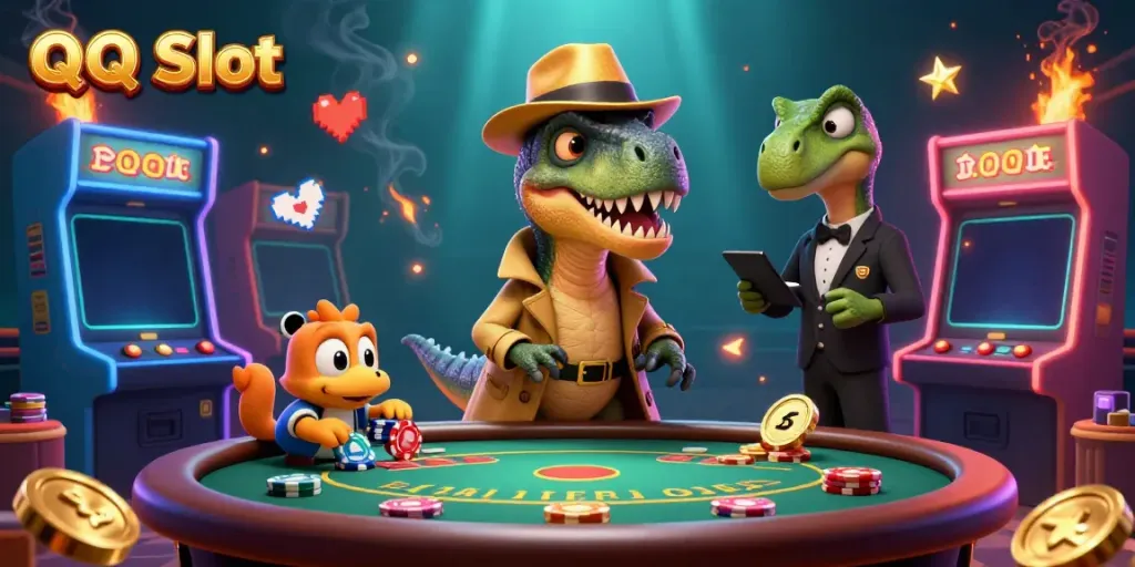 Uncover the excitement of QQ Slot with a cartoon velociraptor as a card counter at a blackjack table.