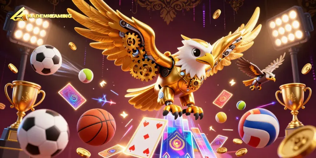 Experience live gaming excitement at AKADEMIGAMING with dynamic 3D illustration showcasing sports elements.