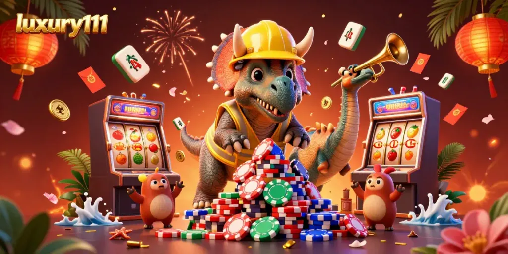 Win big at luxury111 with a triceratops and friends celebrating poker chip stacks in a colorful casino scene.