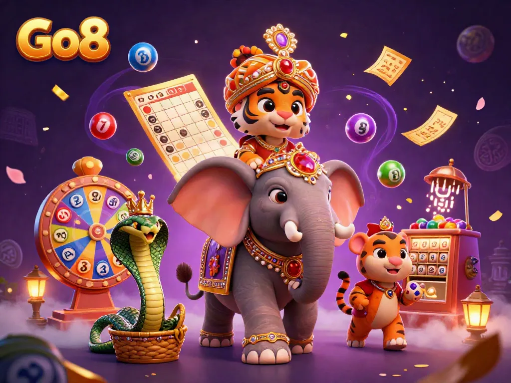 Engaging Go8 bingo scene featuring a colorful tiger, elephant, and cobra amidst dynamic lottery elements.