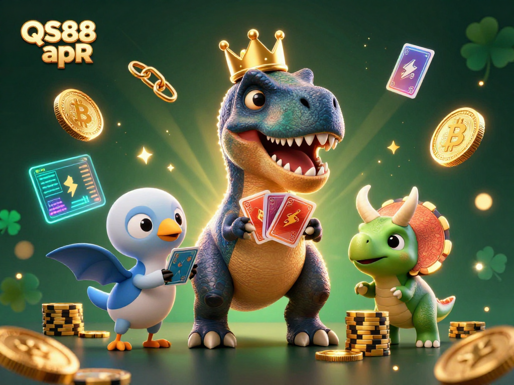 Engage with QS88 apR's thrilling gambling experience featuring 3D cartoon characters enjoying a dynamic casino scene.