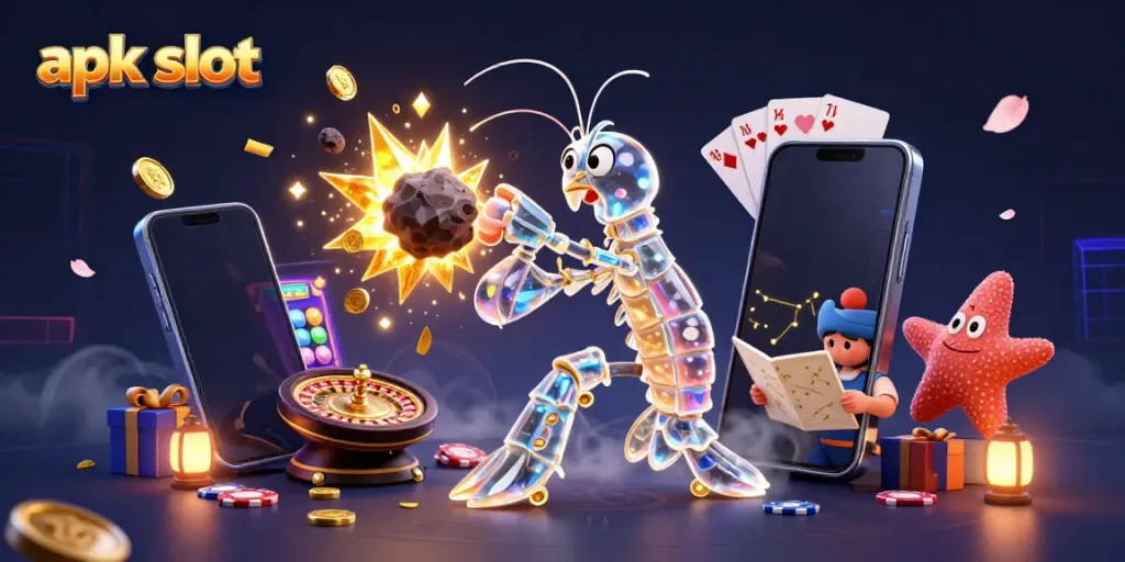 Experience the action in this apk slot-themed illustration with a galactic samurai mantis shrimp and starfish amidst vibrant casino elements.