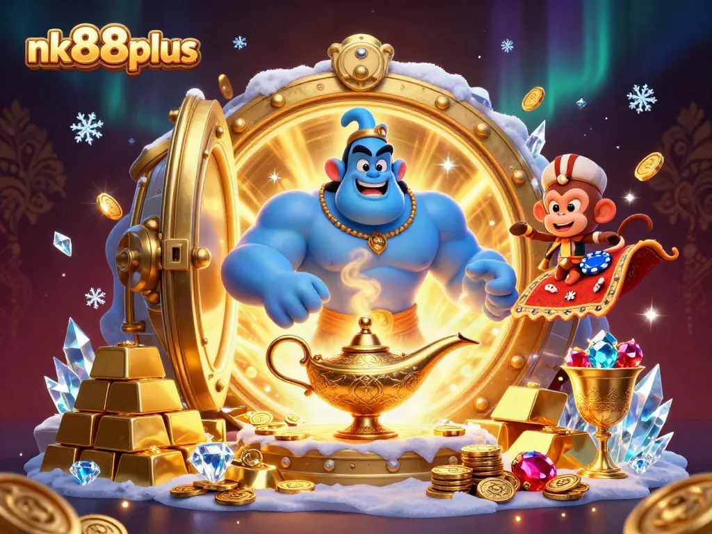 Experience the magic of nk88plus with a vibrant casino scene featuring a genie, poker chips, and treasure.