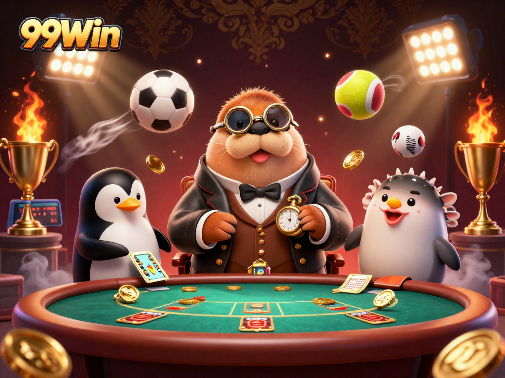 Engage with 99Win's exciting gaming atmosphere featuring the jolly walrus at the poker table.