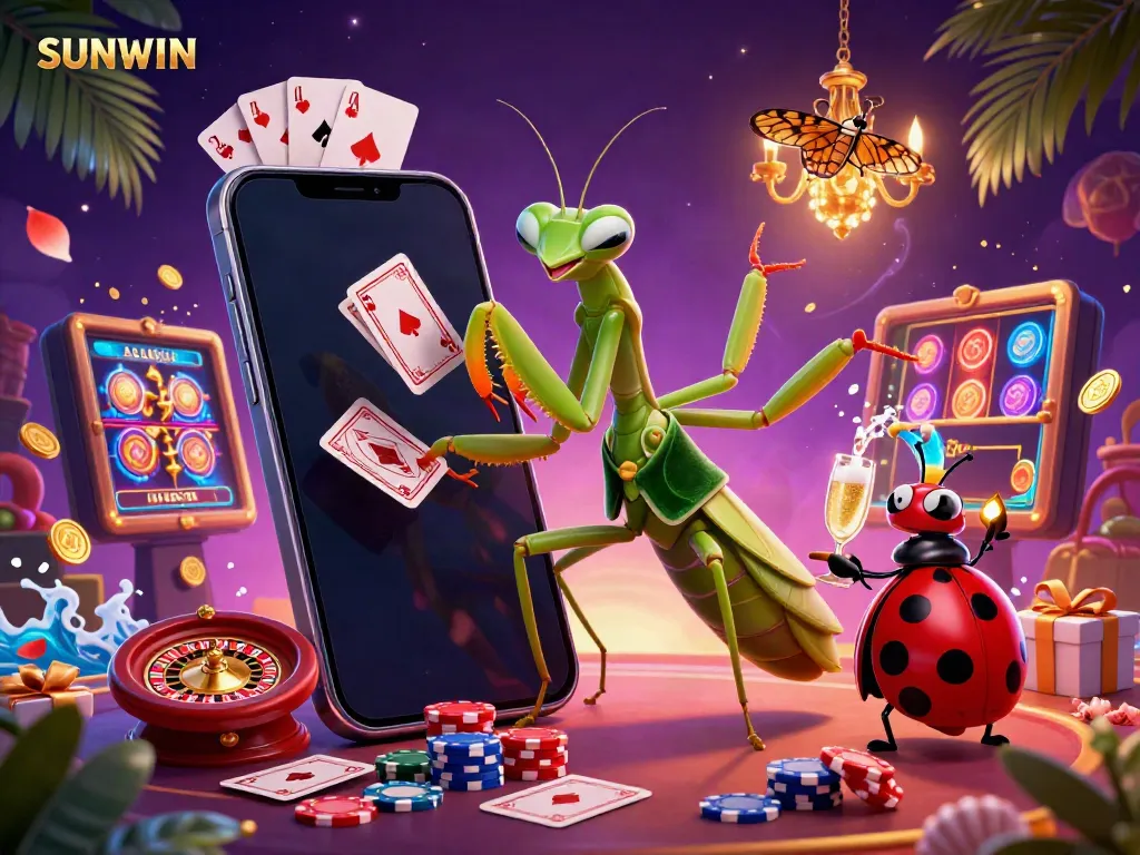 SUNWIN showcases a vibrant casino scene with a giant praying mantis card sharp and ladybug pit boss amid colorful slot games.
