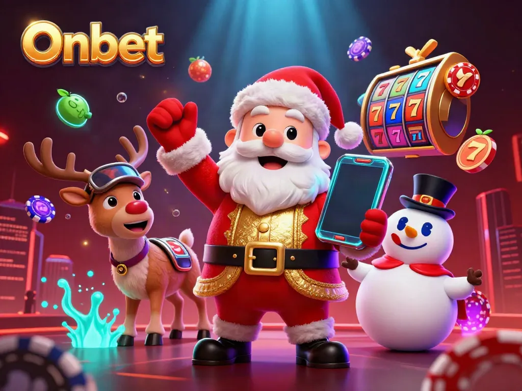 Celebrate winnings with Onbet's festive casino scene featuring Santa and friends.